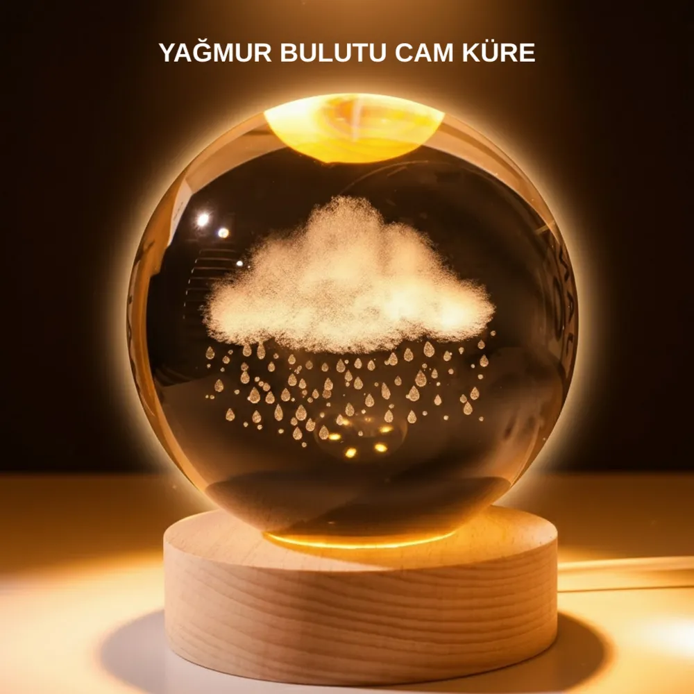 USB LED 3D Yağmur Bulutu Kristal Küre Sıcak Işıklı Ahşap Standlı Gece Lambası