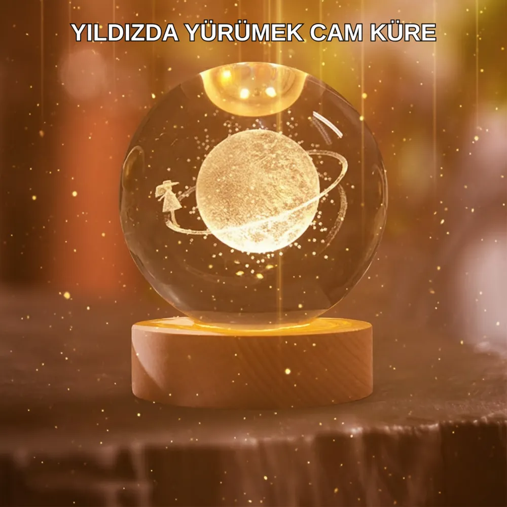 Kız Figürlü Sarı Cam Küre Işıklı Büyük Boy Ahşap Standlı Dekor