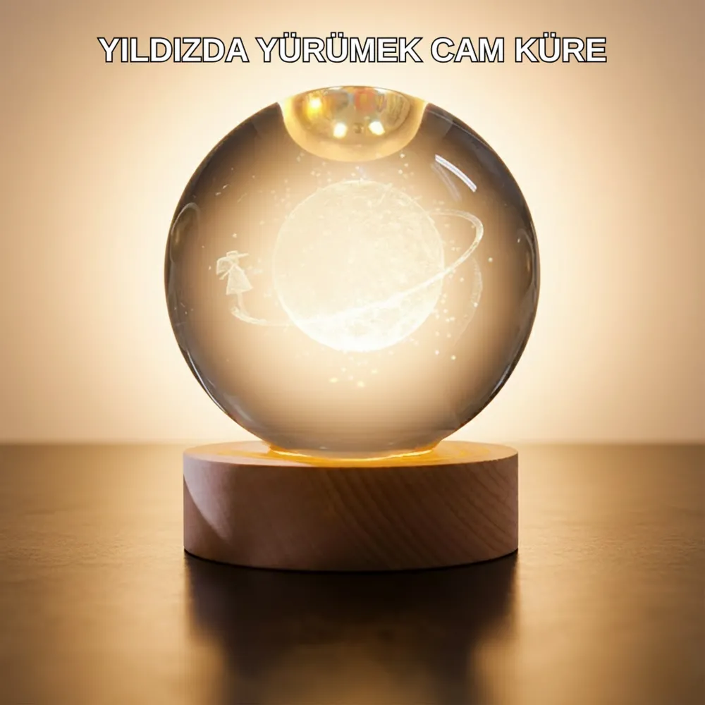 Işıklı Sarı Cam Küre Ve Kız Figürü Ahşap Standlı Dekoratif Lamba