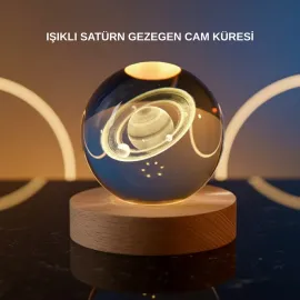 3D Satürn Gravürlü Kristal Küre Dekoratif LED Işıklı Gece Lambası