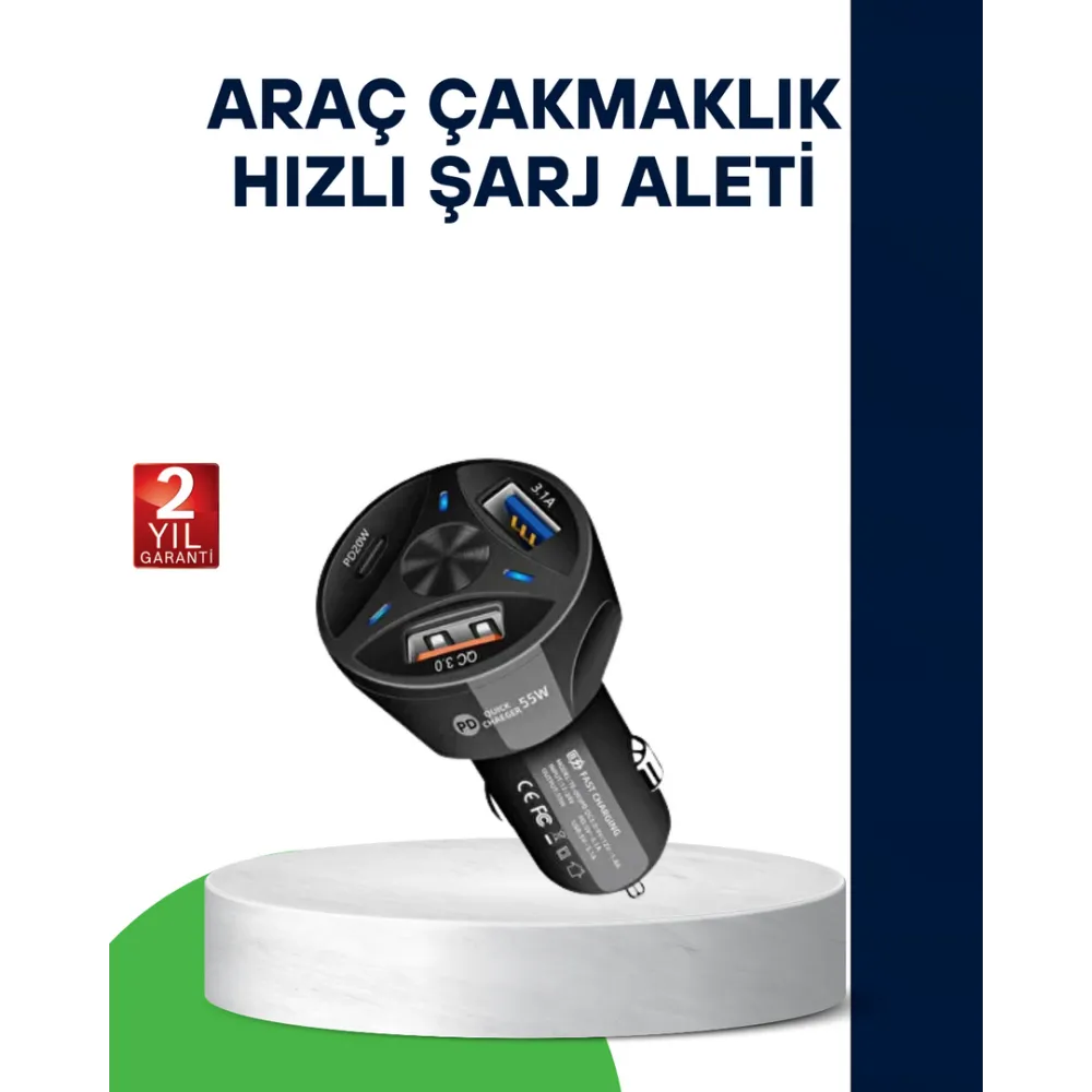 55W Hızlı Araç Şarj Cihazı Quick Charge 3.0 Ve Pd Destekli
