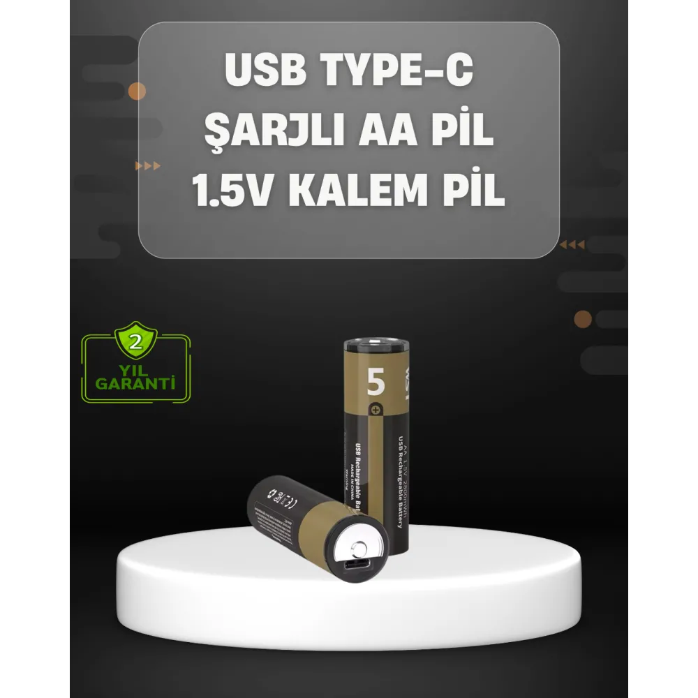 USB Type-C Girişli Şarjlı AA Lityum Pil | 1.5V Sabit Çıkış | 3200mWh (2'li Paket)