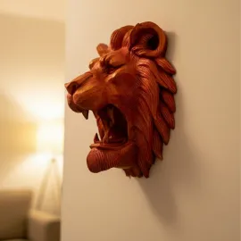 Dekoratif Asılabilir Aslan Başı 3D Duvar Heykeli Gold Red 20X21 Cm