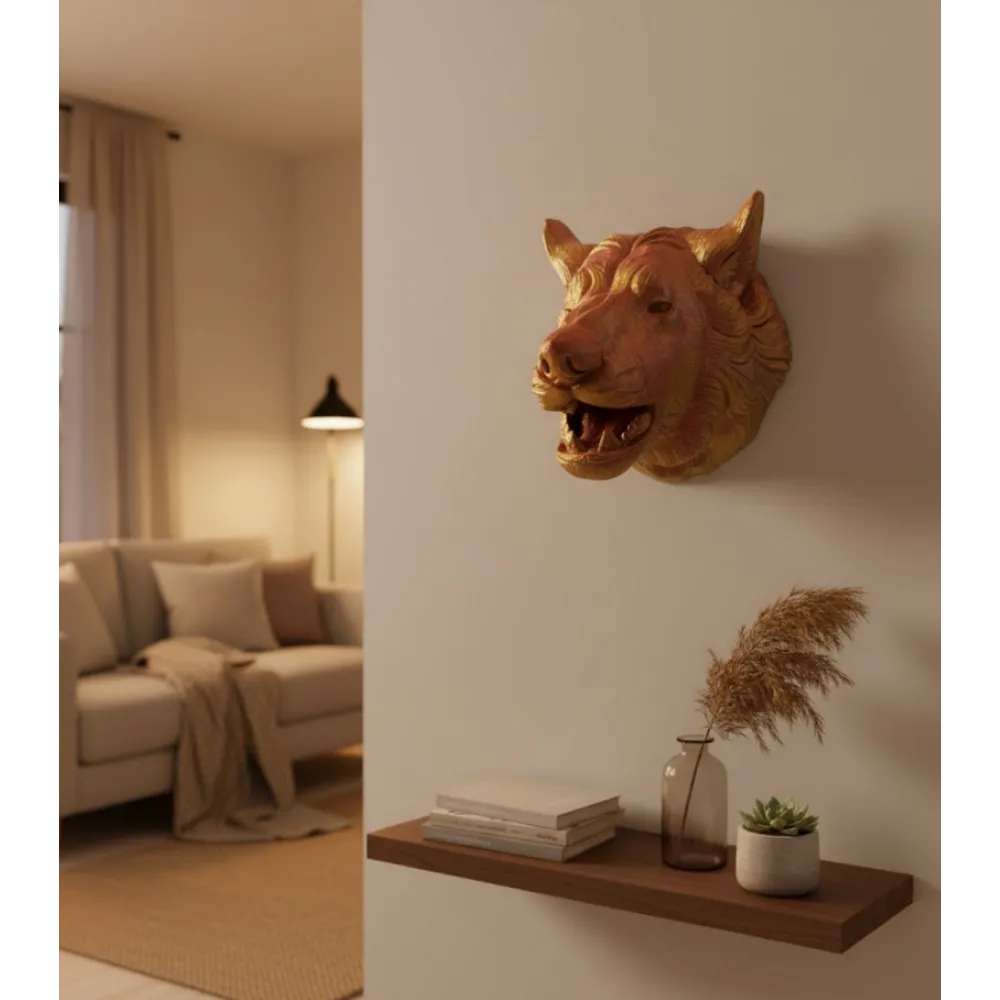 Dekoratif Altın Gold Kurt Duvar Heykeli Asılabilir Hediyelik 25X19 Cm