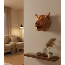 Dekoratif Altın Gold Kurt Duvar Heykeli Asılabilir Hediyelik 25X19 Cm