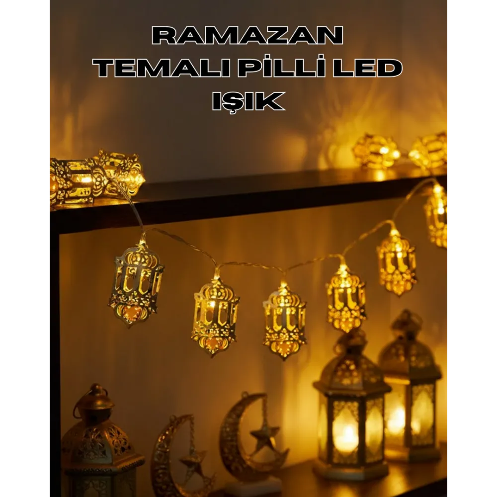 Pilli Ramazan Işıkları Altın Renk Fener Figürlü Led Süsleme