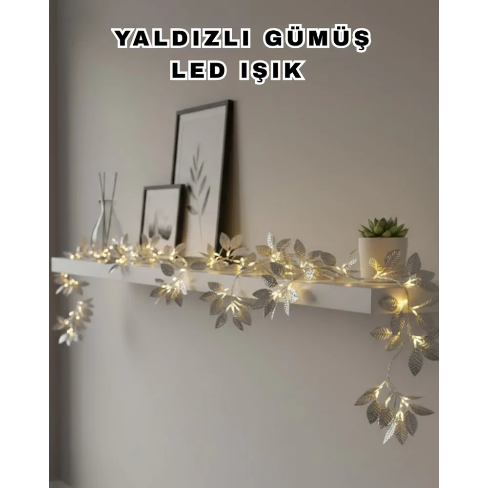 Yaldızlı Gümüş Yaprak Led Işık Pilli Dekoratif Ortam Ve Yılbaşı Aydınlatması