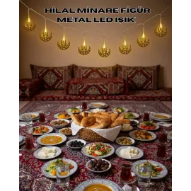 Pilli Minareli Hilal Led Işık Gold Metal Ramazan Dekorasyonu