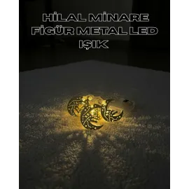 Gold Renk Metal Minareli Hilal Led Işık Pilli Ramazan Süsü
