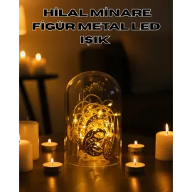 Ramazan Minare Detaylı Hilal Led Işık Günışığı Sarı Metal Süs