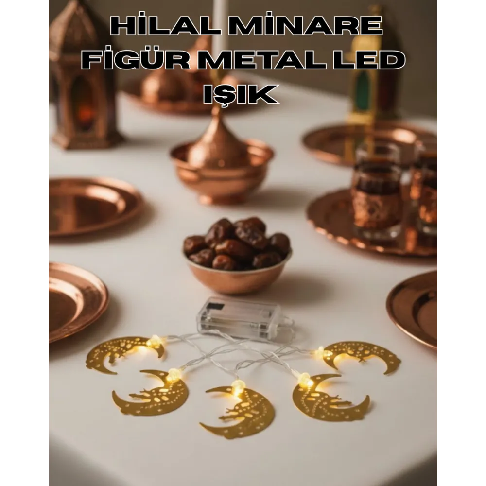 Minareli Hilal Led Işık Gold Metal Gövdeli Pilli Ramazan Dekoru