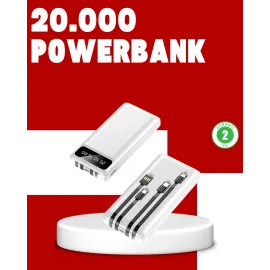 20.000mAh PD Powerbank LED Işık LCD Ekran Dahili Kablo Çoklu Giriş