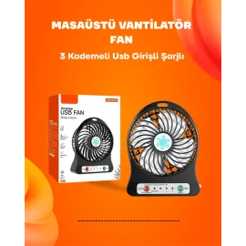 Mini Vantilatör Masaüstü – Usb Girişli, Şarjlı, 3 Kademe, Sessiz Motor, Işıklı