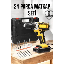 Çift Bataryalı Metal Dişli Darbeli Şarjlı Matkap Seti 24W Güç ve 24 Parça Aksesuar
