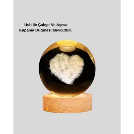 Romantik Kalpli Kristal Cam Küre Usb’Li Işıklı Dekoratif Obje