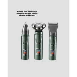 3D Akıllı Kesim Teknolojili Şarjlı Tıraş Seti – 3 Başlıklı, Paslanmaz Çelik Bıçaklı