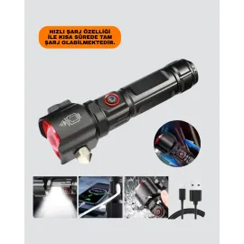 Çekiçli Pusulalı Acil Durum Feneri Usb Şarjlı Çok Fonksiyonlu