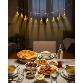 Pilli Minareli Hilal Led Işık Gold Metal Ramazan Dekorasyonu