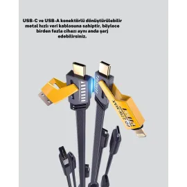 Hızlı Şarj Destekli 65W Örgülü USB-C ve USB-A Çoklu Şarj Kablosu