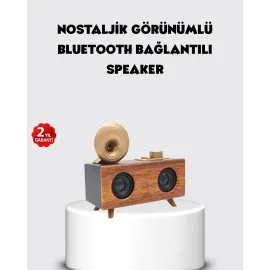 Retro Gramofon Tasarımlı Bluetooth Hoparlör – 3D Stereo Ses, 1800 Mah Batarya