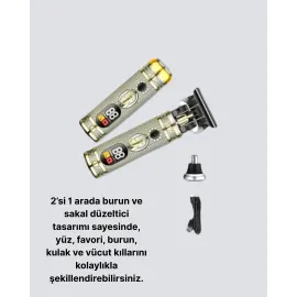 T Bıçaklı Profesyonel Saç ve Sakal Düzeltici – 8 Kılavuz Tarağı, 2’si 1 Arada Burun ve Sakal Trimmer