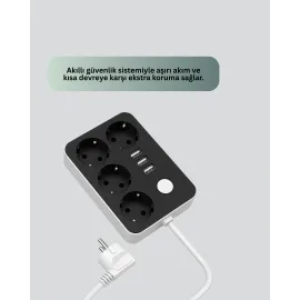 7 Cihazı Aynı Anda Destekleyen 3 USB Portlu 4’lü Priz