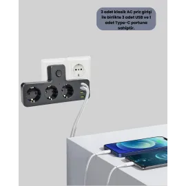 7 Portlu Çoklu Priz Usb Ve Type-C Girişli Akıllı Güç Ünitesi
