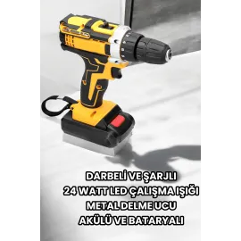 Metal Dişli 24W Akülü Matkap -Çift Bataryalı ve LED Çalışma Işığı ile Tam Set