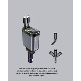 Araç Şarj Cihazı 4 Portlu 66W Hızlı Şarjlı Led Işıklı Ve 180° Dönebilir