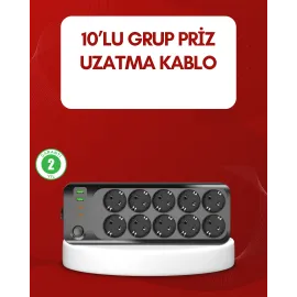 Usb Type-C Destekli 10’Lu Grup Priz Termal Korumalı 2M Kablo 2500W