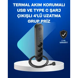 Akıllı Akım Dengelemeli 4’Lü Çoklu Priz Type-C Ve Usb Çıkışlı