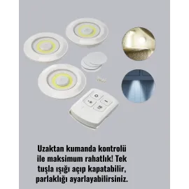 Çok Amaçlı Kullanım İçin Kablosuz Yapışkanlı 3 Lü Uzaktan Kumandalı Led Spot Lamba