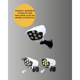 Güneş Enerjili LED Lamba + Güvenlik Kamerası Görünümlü– 5-8 m Hareket Algılamalı, Beyaz Işık