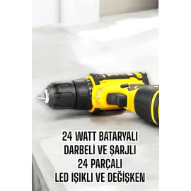 Çift Bataryalı Metal Dişli Darbeli Şarjlı Matkap Seti 24W Güç ve 24 Parça Aksesuar