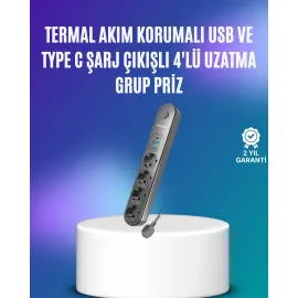 4’Lü Çoklu Priz 2 Usb Type-C Girişli Akım Korumalı Siyah