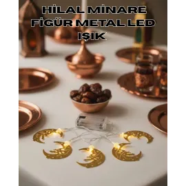 Minareli Hilal Led Işık Gold Metal Gövdeli Pilli Ramazan Dekoru