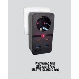 Termal Korumalı Priz Otomatik Çocuk Kilidi 4 Usb Type C
