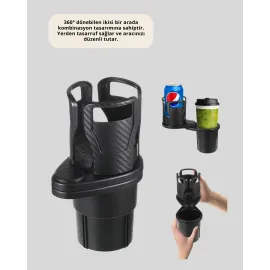 Araç İkili Bardak Tutucu Ayarlanabilir Genişlik 360° Döner Sistem