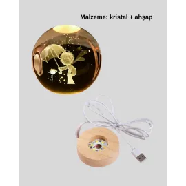 Küçük Prens Figürlü 3D Kristal Top Sıcak Işıklı Usb Ahşap Tabanlı Dekor Lamba