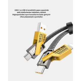 Usb-C Usb-A 4’Ü 1 Arada Örgülü Kablo 65W Hızlı Şarj Metal Uç Dayanıklı