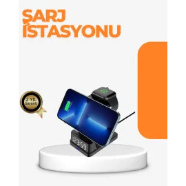 4’Ü 1 Arada Kablosuz Şarj İstasyonu – Led Saat Ekranlı, Apple Uyumlu, Akıllı Güvenlik Koruması