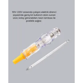 Elektrik Test Kalemi Neon Işıklı Nikel Kaplama 110-220V Dirençli