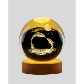 3D Yunus Desenli Kristal Küre Ahşap Tabanlı Işıklı Dekor Objesi