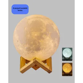 Ahşap Standlı 3D Baskı Ay Lambası 16 Renkli ve Şarjlı Uzaktan Kumandalı
