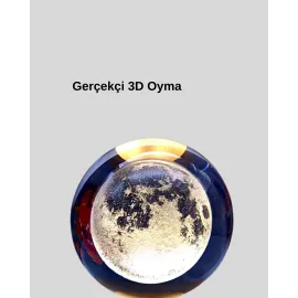 8 Cm Ay Desenli Kristal Küre Sıcak Led Işıklı Ahşap Tabanlı Oda Lambası