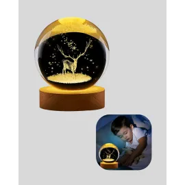 3D Geyik Desenli Kristal Küre Usb Işıklı Ahşap Tabanlı Oda Lambası
