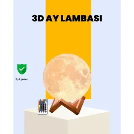 Şarjlı 3D Baskılı 16 Renk Ay Lambası Ahşap Stand ve Uzaktan Kumanda