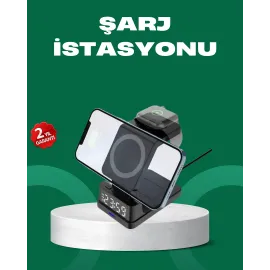 Dijital Saatli Kablosuz Şarj İstasyonu – 3’ü 1 Arada Apple Uyumlu Hızlı Şarj ve LED Ekran