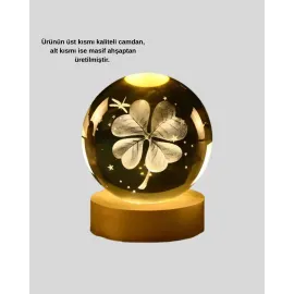 Dekoratif Yonca Görünümlü Işıklı Kristal Cam Küre USB Masa Gece Lambası