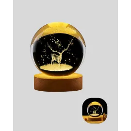 3D Lazer İşlemeli Geyik Kristal Küre Sıcak Işıklı Gece Aydınlatması